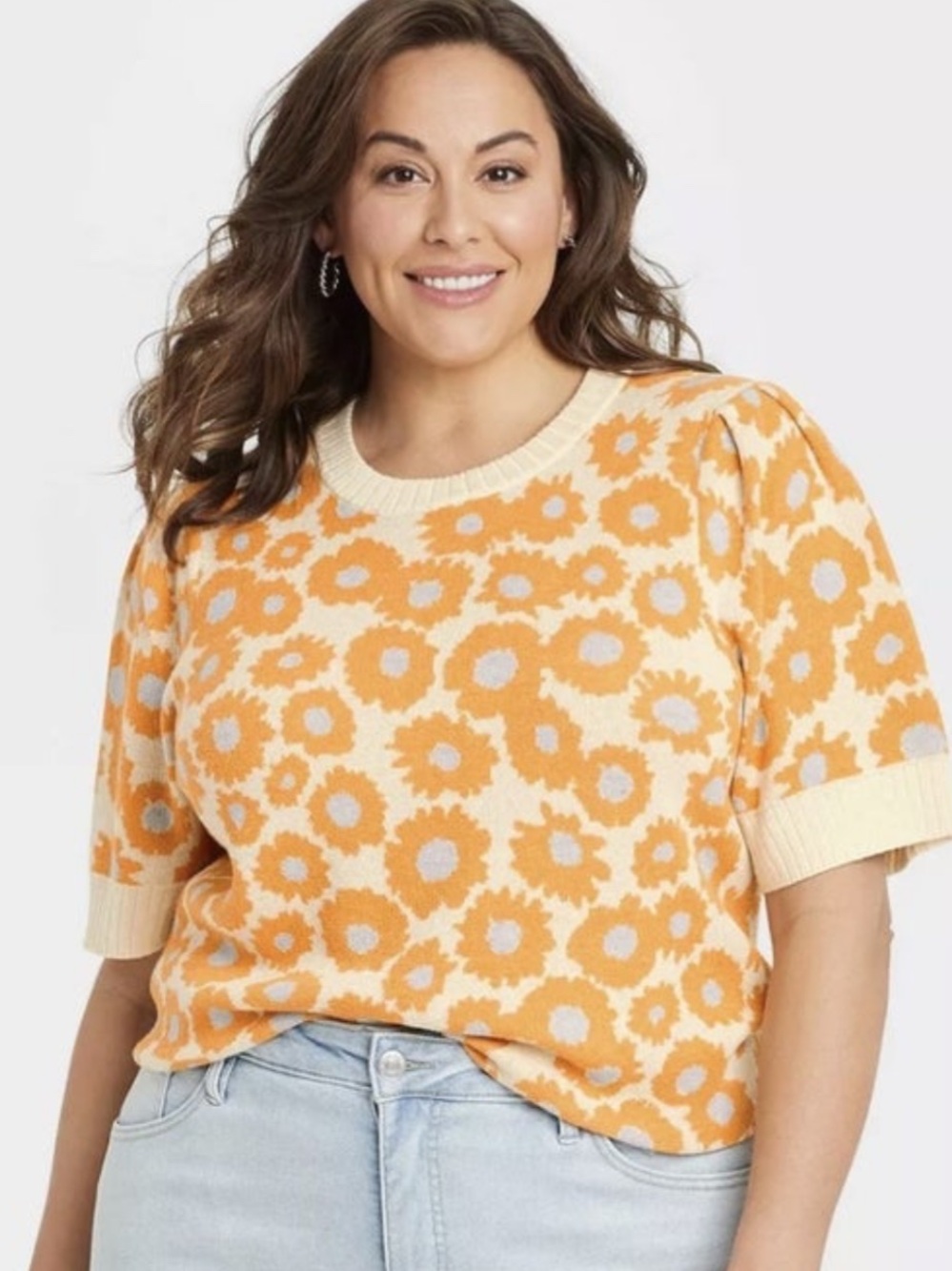 Ava & Viv Cream Crewneck Sweater with Orange Floral Jacquard